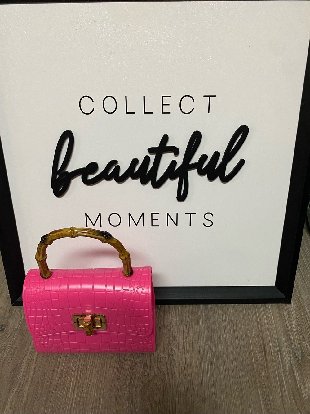 Hot Pink Croc-Texture Mini Top-Handle Bag with Bamboo Accent